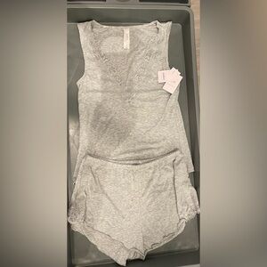 Auden Women's Lace Trim Ribbed Tank Top & Shorts Pajama Set Light Gray XS NWT